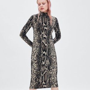 ZARA Snake Print Turtle Neck Midi Dress - Small
